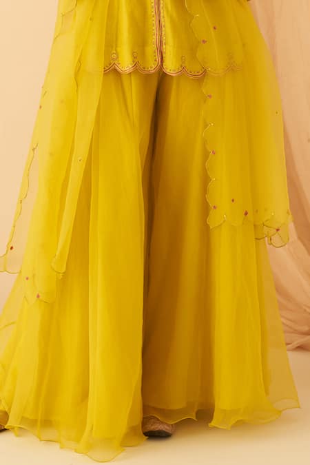 Janki India_Yellow Chanderi, Organza Embroidery V-neck Thread Peplum Set _Online_at_Aza_Fashions