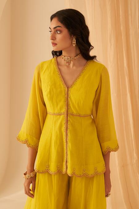 Buy_Janki India_Yellow Chanderi, Organza Embroidery V-neck Thread Peplum Set _Online_at_Aza_Fashions