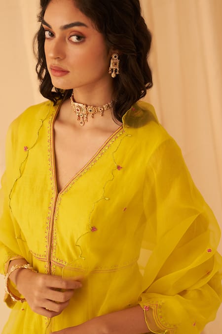 Shop_Janki India_Yellow Chanderi, Organza Embroidery V-neck Thread Peplum Set _Online_at_Aza_Fashions