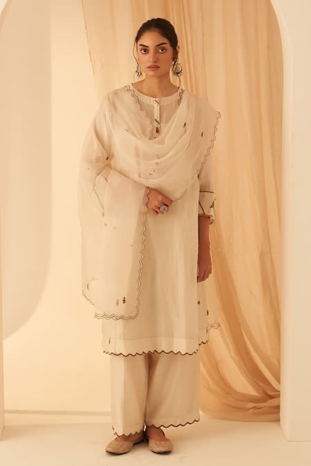 Janki India Ivory Chanderi, Cotton, Organza Embroidery Round Neck Kurta Set With Dupatta 