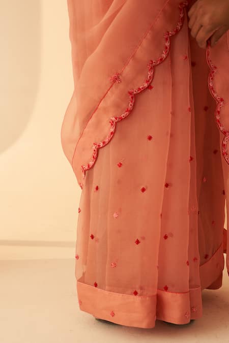 Janki India_Peach Organza, Cotton Embroidery Aari Hand Saree Set _Online_at_Aza_Fashions