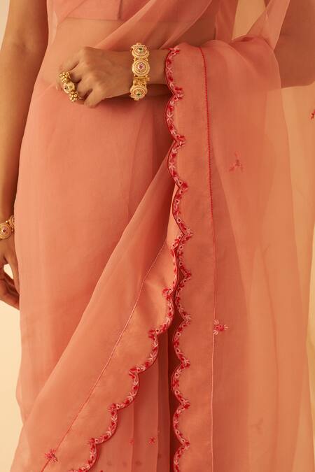 Buy_Janki India_Peach Organza, Cotton Embroidery Aari Hand Saree Set _Online_at_Aza_Fashions