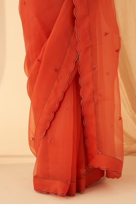 Janki India_Rust Organza, Cotton Embroidery Scallop Border Saree Set _Online_at_Aza_Fashions