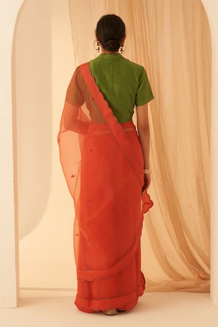 Janki India Rust Organza Embroidered Scallop Border Saree Set 