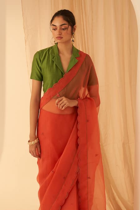 Buy_Janki India_Rust Organza, Cotton Embroidery Scallop Border Saree Set _Online_at_Aza_Fashions