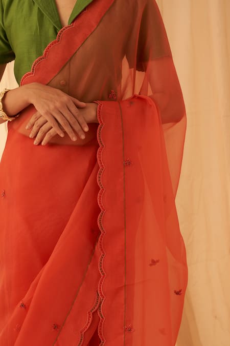 Shop_Janki India_Rust Organza, Cotton Embroidery Scallop Border Saree Set _Online_at_Aza_Fashions