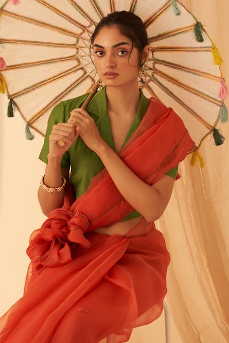 Janki India_Rust Organza, Cotton Embroidery Scallop Border Saree Set _at_Aza_Fashions