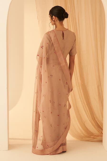 Shop_Janki India_Rose Gold Organza, Cotton Embroidery Light Aari Saree Set _at_Aza_Fashions