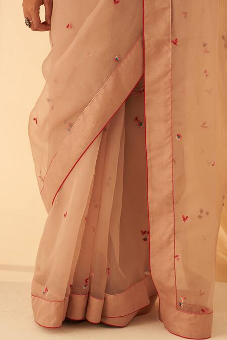Janki India_Rose Gold Organza, Cotton Embroidery Light Aari Saree Set _Online_at_Aza_Fashions