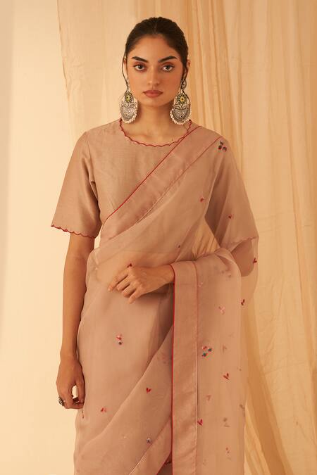 Buy_Janki India_Rose Gold Organza, Cotton Embroidery Light Aari Saree Set _Online_at_Aza_Fashions