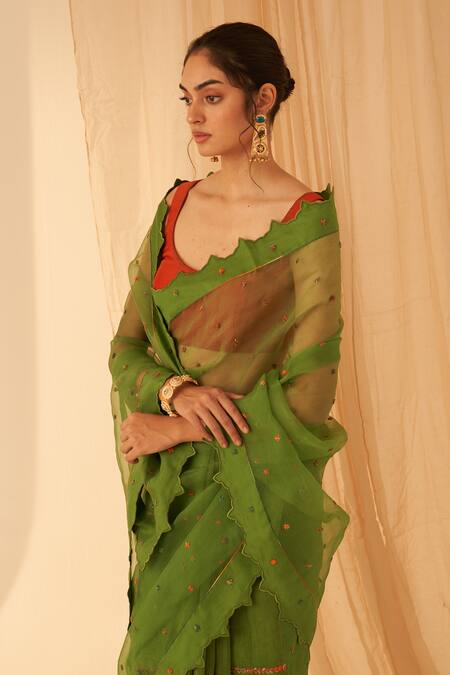 Shop Janki India Green Chanderi, Organza, Cotton Embroidery Saree Set at Aza Fashions Shop_Janki India_Green Chanderi, Organza, Cotton Embroidery Saree Set _at_Aza_Fashions
