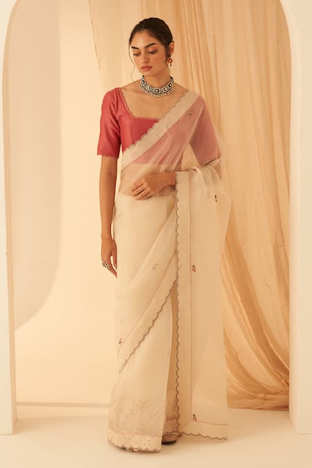 JANKI INDIA Ivory Organza Bullion Embroidered Saree Set 