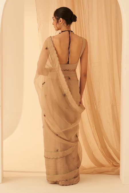 Janki India Champagne Organza Zardozi Saree & Petticoat 