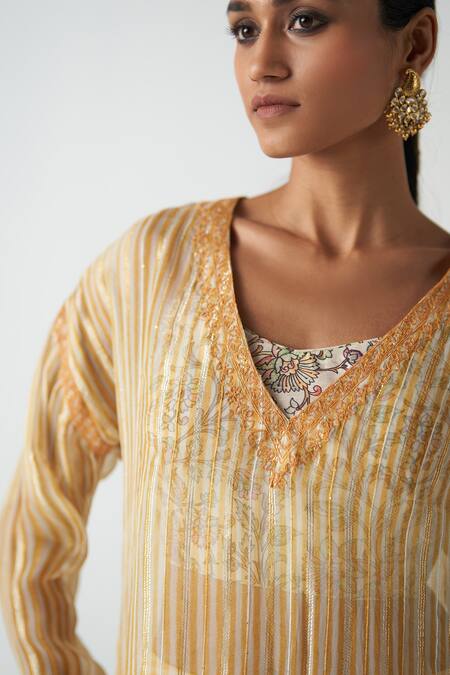 Studio Bagechaa Yellow Chanderi Embroidery, Sequins V-neck, Round Striped Kesar Kurta Pant Set Online at Aza Fashions Studio Bagechaa_Yellow Chanderi Embroidery, Sequins V-neck, Round Striped Kesar Kurta Pant Set _Online_at_Aza_Fashions