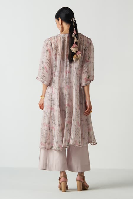 Studio Bagechaa_Purple Chanderi, Organza Floral Print Cape Kurta Set _Online_at_Aza_Fashions