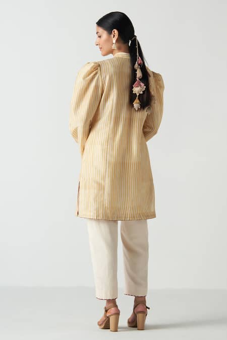 Studio Bagechaa Yellow Chanderi Mandarin Collar Striped Kurta Set Online at Aza Fashions Studio Bagechaa_Yellow Chanderi Mandarin Collar Striped Kurta Set _Online_at_Aza_Fashions