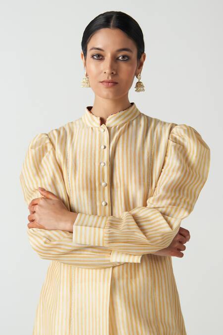 Buy Studio Bagechaa Yellow Chanderi Mandarin Collar Striped Kurta Set Online at Aza Fashions Buy_Studio Bagechaa_Yellow Chanderi Mandarin Collar Striped Kurta Set _Online_at_Aza_Fashions