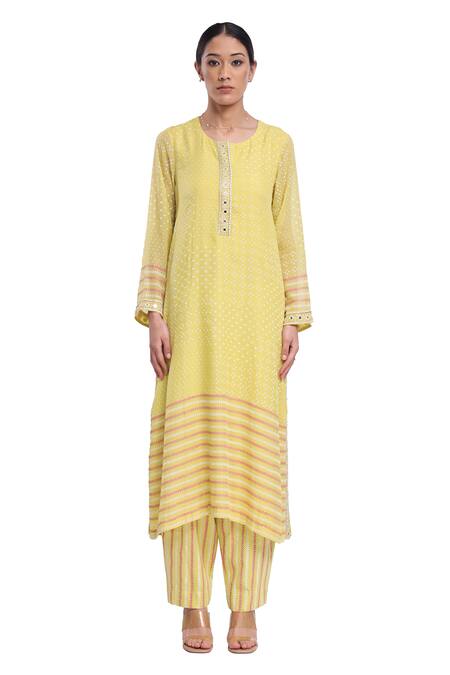 Surbhi Gupta_Yellow Brocade, Cotton Satin Pearls Round Neck Lime Green Hazal Kurta Set _Online_at_Aza_Fashions