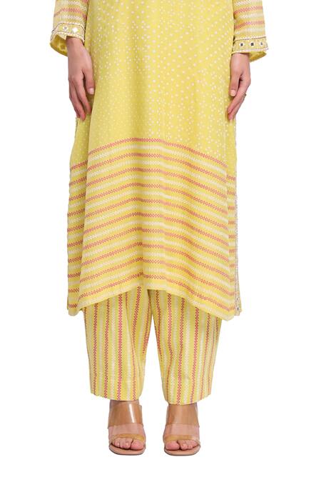 Shop_Surbhi Gupta_Yellow Brocade, Cotton Satin Pearls Round Neck Lime Green Hazal Kurta Set _Online_at_Aza_Fashions