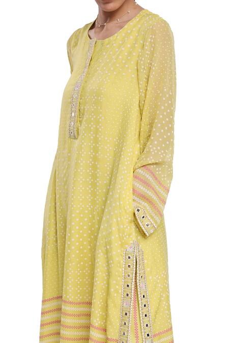 Surbhi Gupta_Yellow Brocade, Cotton Satin Pearls Round Neck Lime Green Hazal Kurta Set _at_Aza_Fashions