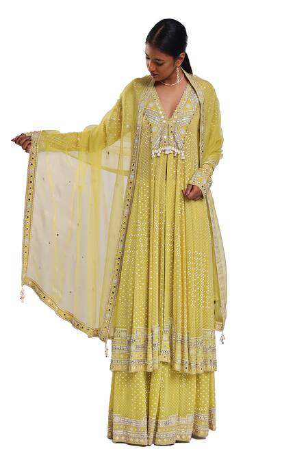 Buy Surbhi Gupta Green Georgette, Silk Organza Embroidery, Pearls, Lime Emine Anarkali Set Online at Aza Fashions Buy_Surbhi Gupta_Green Georgette, Silk Organza Embroidery, Pearls, Lime Emine Anarkali Set _Online_at_Aza_Fashions