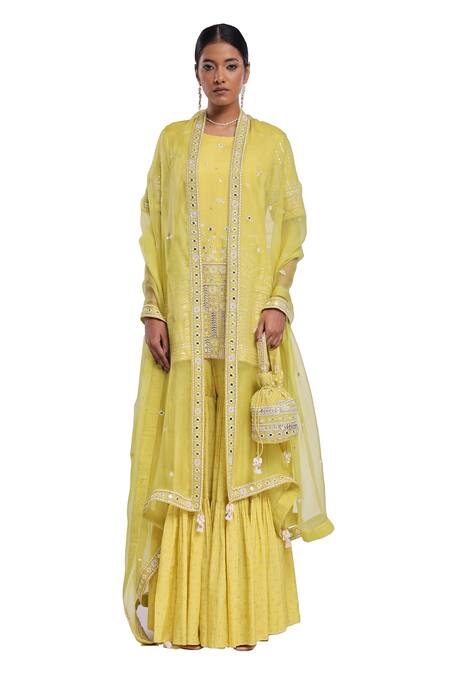 Buy_Surbhi Gupta_Lavender , Organza Embroidery, Pearls, Lime Green Elif Kurta Set _Online_at_Aza_Fashions