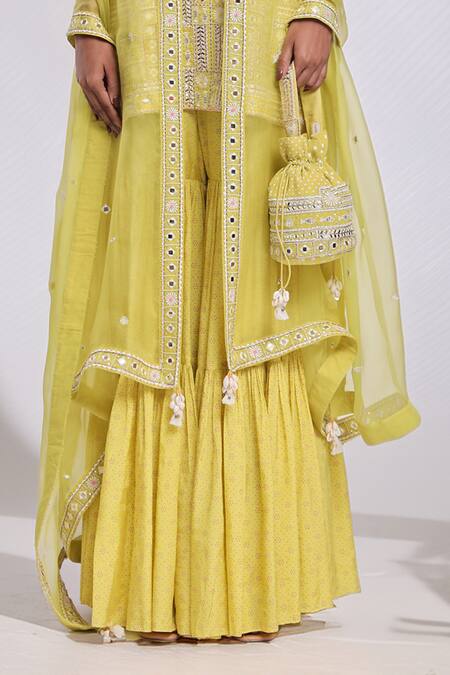 Shop_Surbhi Gupta_Lavender , Organza Embroidery, Pearls, Lime Green Elif Kurta Set _Online_at_Aza_Fashions