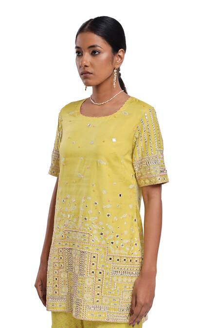 Buy_Surbhi Gupta_Lavender , Organza Embroidery, Pearls, Lime Green Elif Kurta Set 