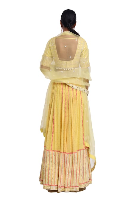 Surbhi Gupta Yellow Hand Block Printed Lehenga Set 