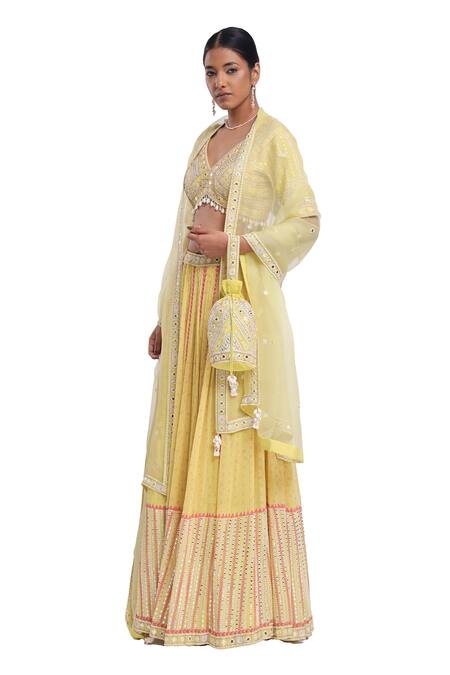 Surbhi Gupta Yellow Cotton, Chiffon Sequins, Embroidery, Beads Hand Block Printed Lehenga Set Online at Aza Fashions Surbhi Gupta_Yellow Cotton, Chiffon Sequins, Embroidery, Beads Hand Block Printed Lehenga Set _Online_at_Aza_Fashions
