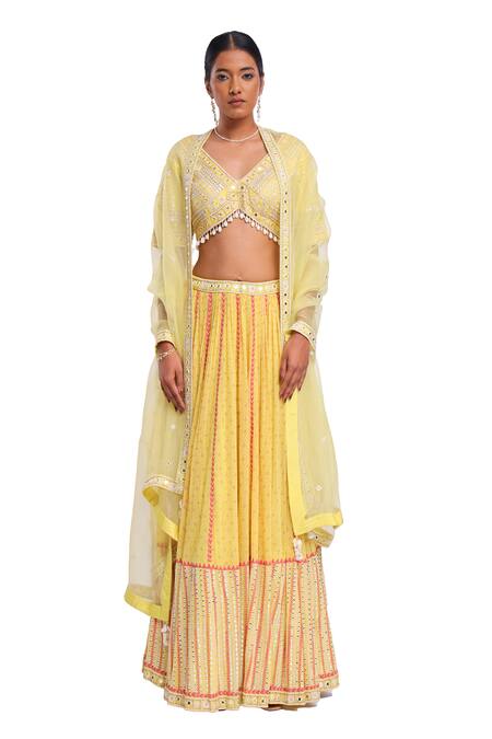 Buy Surbhi Gupta Yellow Cotton, Chiffon Sequins, Embroidery, Beads Hand Block Printed Lehenga Set Online at Aza Fashions Buy_Surbhi Gupta_Yellow Cotton, Chiffon Sequins, Embroidery, Beads Hand Block Printed Lehenga Set _Online_at_Aza_Fashions