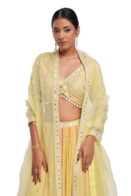 Shop Surbhi Gupta Yellow Cotton, Chiffon Sequins, Embroidery, Beads Hand Block Printed Lehenga Set Online at Aza Fashions Shop_Surbhi Gupta_Yellow Cotton, Chiffon Sequins, Embroidery, Beads Hand Block Printed Lehenga Set _Online_at_Aza_Fashions
