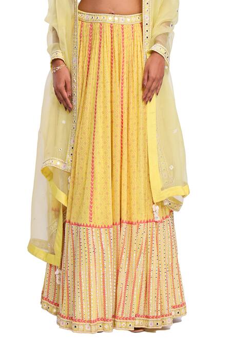 Surbhi Gupta Yellow Cotton, Chiffon Sequins, Embroidery, Beads Hand Block Printed Lehenga Set at Aza Fashions Surbhi Gupta_Yellow Cotton, Chiffon Sequins, Embroidery, Beads Hand Block Printed Lehenga Set _at_Aza_Fashions