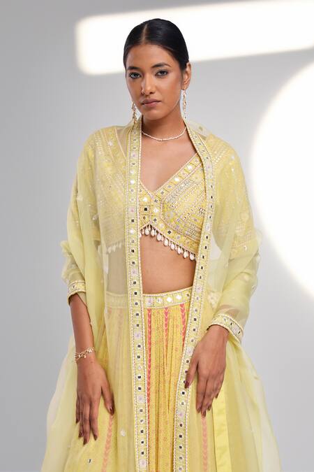 Buy Surbhi Gupta Yellow Cotton, Chiffon Sequins, Embroidery, Beads Hand Block Printed Lehenga Set Buy_Surbhi Gupta_Yellow Cotton, Chiffon Sequins, Embroidery, Beads Hand Block Printed Lehenga Set