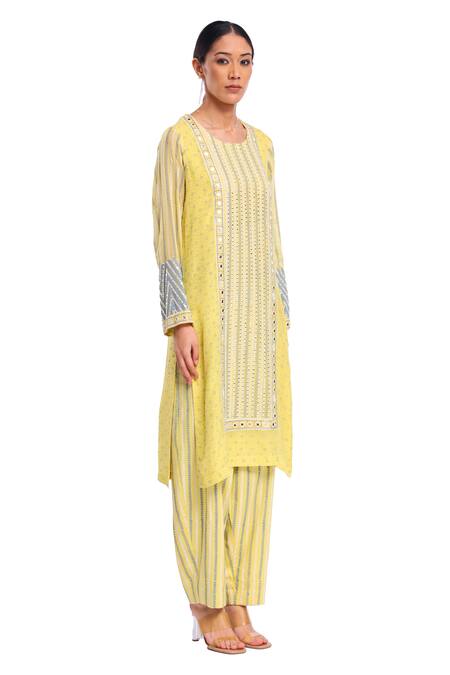 Surbhi Gupta_Lavender Brocade, Cotton Satin Mirrors Lime Green Hand Block Printed Kurta Set _Online_at_Aza_Fashions