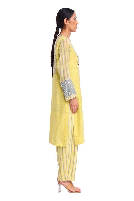 Buy_Surbhi Gupta_Lavender Brocade, Cotton Satin Mirrors Lime Green Hand Block Printed Kurta Set _Online_at_Aza_Fashions