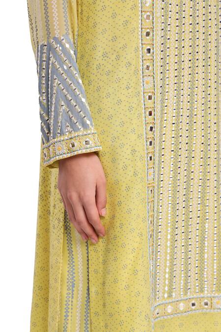 Shop_Surbhi Gupta_Lavender Brocade, Cotton Satin Mirrors Lime Green Hand Block Printed Kurta Set _Online_at_Aza_Fashions