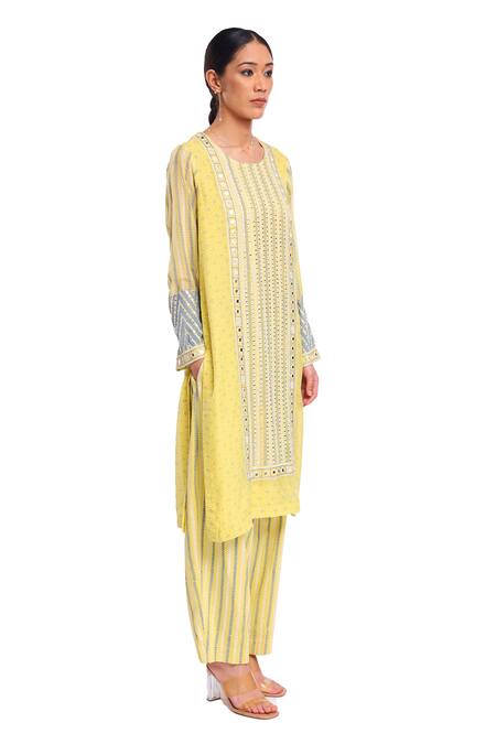 Surbhi Gupta_Lavender Brocade, Cotton Satin Mirrors Lime Green Hand Block Printed Kurta Set _at_Aza_Fashions