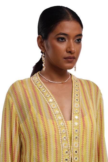 Surbhi Gupta_Yellow Georgette, Cotton Satin, Silk Lime Green Block Printed Anarkali Set _Online_at_Aza_Fashions