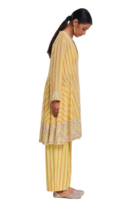 Buy_Surbhi Gupta_Yellow Georgette, Cotton Satin, Silk Lime Green Block Printed Anarkali Set _Online_at_Aza_Fashions