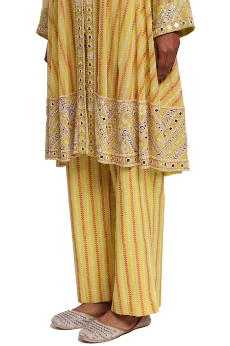 Shop_Surbhi Gupta_Yellow Georgette, Cotton Satin, Silk Lime Green Block Printed Anarkali Set _Online_at_Aza_Fashions