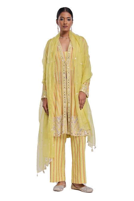 Surbhi Gupta_Yellow Georgette, Cotton Satin, Silk Lime Green Block Printed Anarkali Set _at_Aza_Fashions