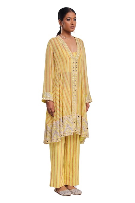 Buy_Surbhi Gupta_Yellow Georgette, Cotton Satin, Silk Lime Green Block Printed Anarkali Set 