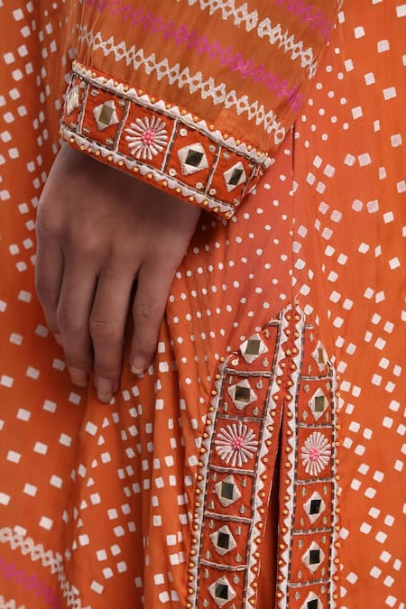 Shop_Surbhi Gupta_Orange Cotton Satin Embroidery Round Neck Hand Block Printed Kurta Set _Online_at_Aza_Fashions