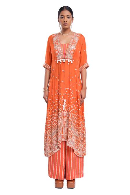 Surbhi Gupta_Orange Cotton Asymmetric Embroidered Cape Set _Online_at_Aza_Fashions