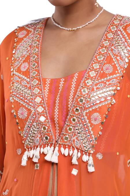 Shop_Surbhi Gupta_Orange Cotton Asymmetric Embroidered Cape Set _Online_at_Aza_Fashions