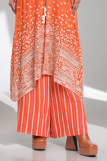 Surbhi Gupta_Orange Cotton Asymmetric Embroidered Cape Set _at_Aza_Fashions