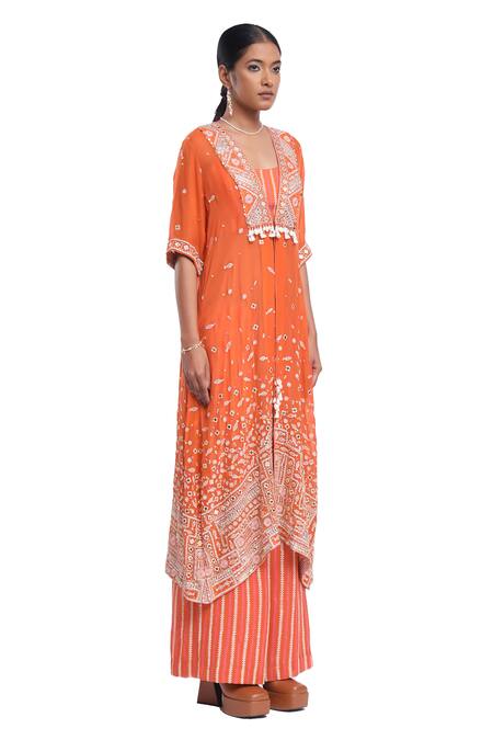 Buy_Surbhi Gupta_Orange Cotton Asymmetric Embroidered Cape Set 