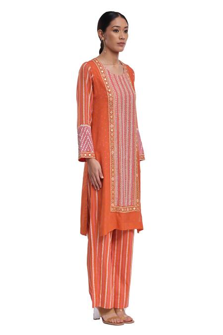 Surbhi Gupta_Orange Bamboo, , Satin Mirrors Round Hand Block Printed Kurta Set _Online_at_Aza_Fashions