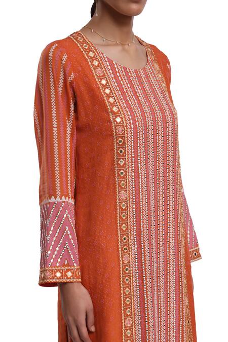 Surbhi Gupta_Orange Bamboo, , Satin Mirrors Round Hand Block Printed Kurta Set _at_Aza_Fashions